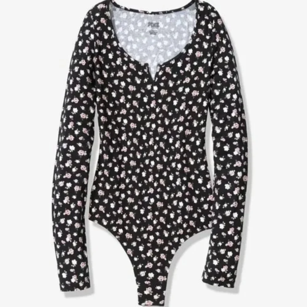 PINK Victoria's Secret Black Floral Bodysuit